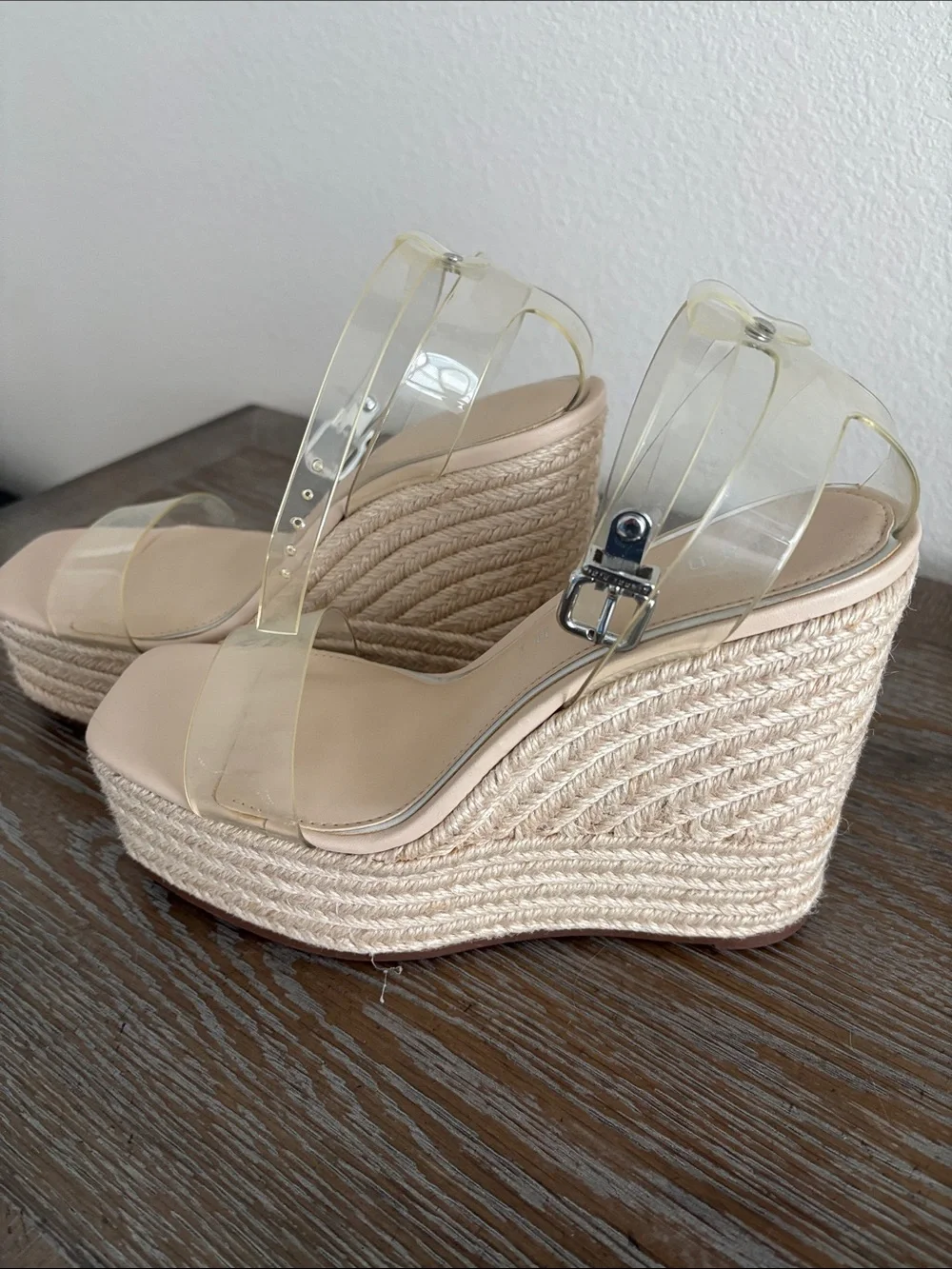 Gianni Bini Clear Strap Nude Espadrille Wedge Sandals